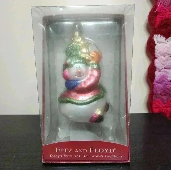 FITZ & FLOYD Glass Christmas Ornament Holiday Snowman Tambourine Snow w/ Box - Picture 1 of 6